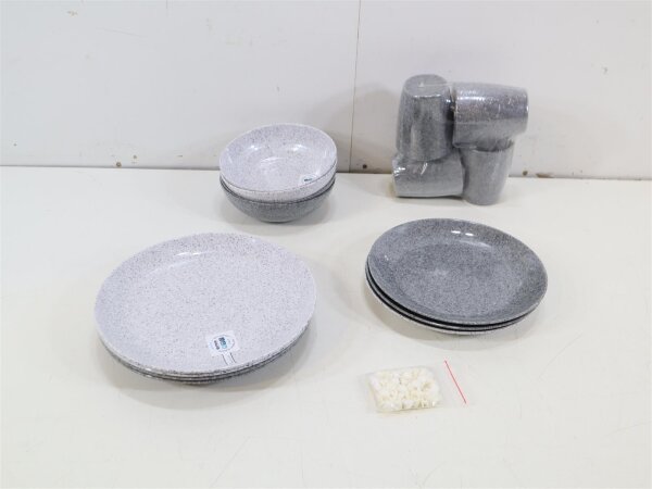 Gimex Classic Line Granite Geschirrset 16-teilig Essteller Dessertteller Schale Henkelbecher Camping
