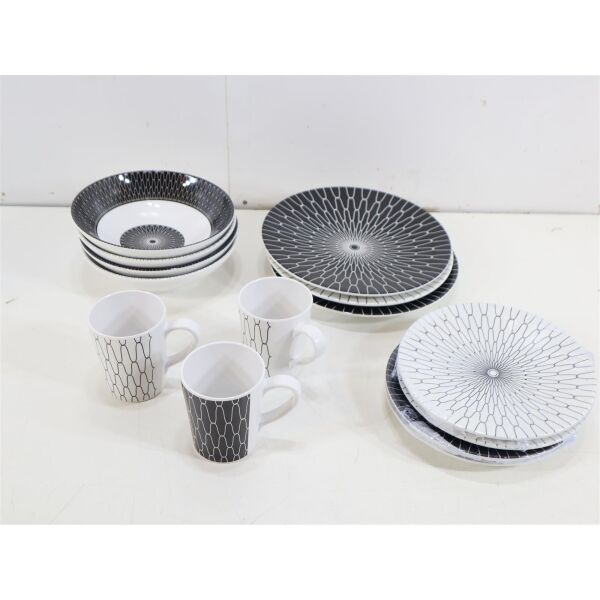 Camp4 Premium Geschirrset Black-White, 14-teilig Melamin Camping