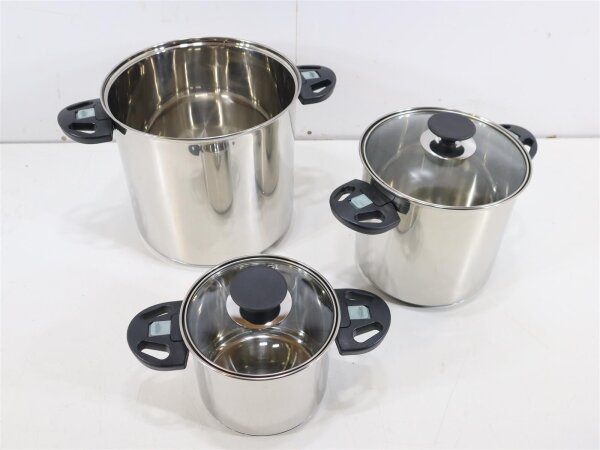 Camp4 Edelstahl-Kochtopfset Camping-Kochgeschirr Induktionsgeeignet klappbare Griffe 5-teilig Outdoor silber schwarz