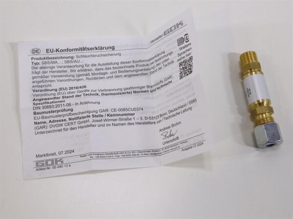 GOK automatische Schlauchbruchsicherung SBS/AU, RVS8 x G1/4LH-KN, 30mbar, 0,8kg/h